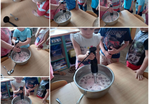 Dzieci z gr. II przygotowują koktajl truskawkowy