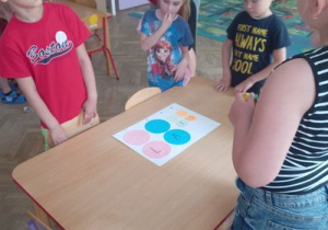 Dzieci stoją wokół stołu przy kartonie z ułożonym hasłem "lato".