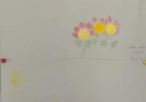 Wystawa prac dzieci przedstawiająca przeistoczenie kropki w: biedronki, kwiaty, oczy.