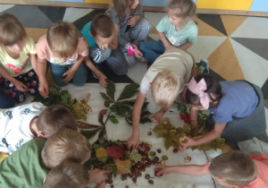 Dzieci dotykają, nazywają i grupują dary jesieni - kasztany, żołędzie, jarzębinę, liście i gałęzie,