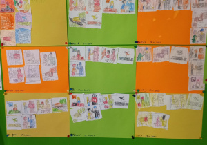 Historyjki obrazkowe "Droga listu" wykonane przez dzieci.