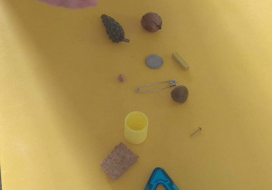 Na stoliku leżą różne przedmioty. Dziecko wybiera kamień, by sprawdzić czy będzie pływał.