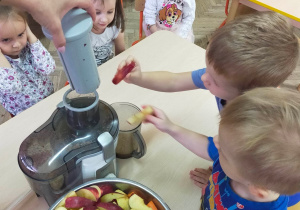 Dzieci wrzucają owoce do sokowirówki.