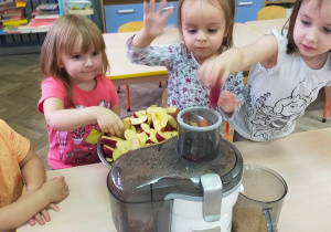 Dzieci wrzucają owoce do sokowirówki.