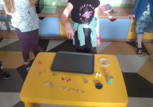 Dziewczynka sprawdza działanie magnesu na szpileczkach.