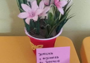 Doniczka na kwiatki wykonana z pojemnika po jogurcie.