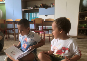 Chłopcy oglądają książkę.