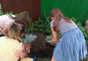 Dziewczynki sadzą sadzonki roślin ozdobnych.