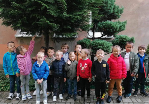 Dzieci pozują do zdjęcia z drzewem.