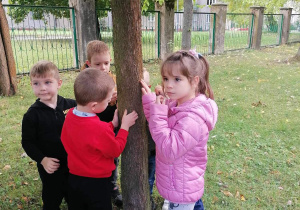 Dzieci dotykają drzewo.