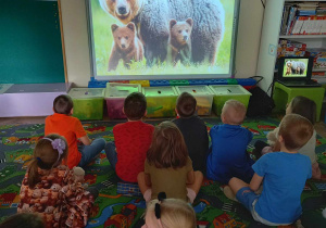 Dzieci oglądają prezentację o misiach.