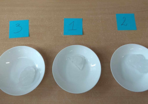 Na stole stoją 3 talerze, w których znajdują się zamrożone śniegowe kulki różnej wielkości. Dzieci sprawdzają, czy dobrze ustaliły kolejnośc rozmrożenia się śniegowych kul.