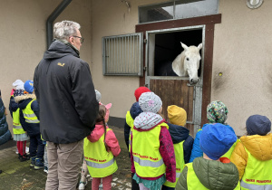 Dzieci oglądają konie Straży Miejskiej.