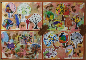 Jesienne prace plastyczne wykonane w małych zespołach.