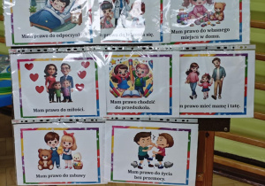Na tablicy wiszą obrazki z wybranymi prawami dzieci.
