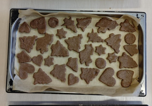 Pierniczki leżą na blaszkach, przygotowane do pieczenia.