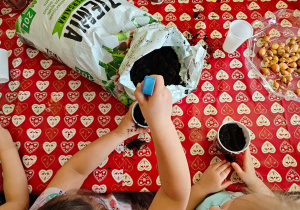 Dziecko nakłada łopatką ziemię do kubeczka.