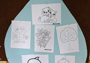 Papierowa kropla, na której zawieszone są obrazki przedstawiające, kto potrzebuje wody.