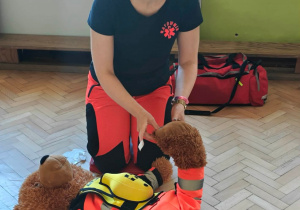 Ratownik prezentuje dzieciom, sposób postępowania w przypadku małego skaleczenia.