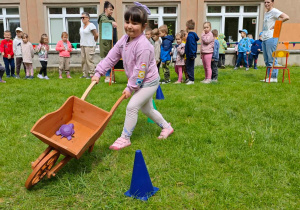 Dziecko przewozi slalomem w taczce żółwia.