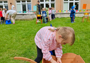 Dziecko przekłada żółwia z taczki do koszyka.