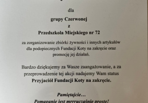 Podziękowanie od Fundacji.