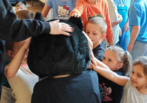 Dzieci głaszczą Felicję, ucząc się w ten sposób właściwej zabawy z kotem.